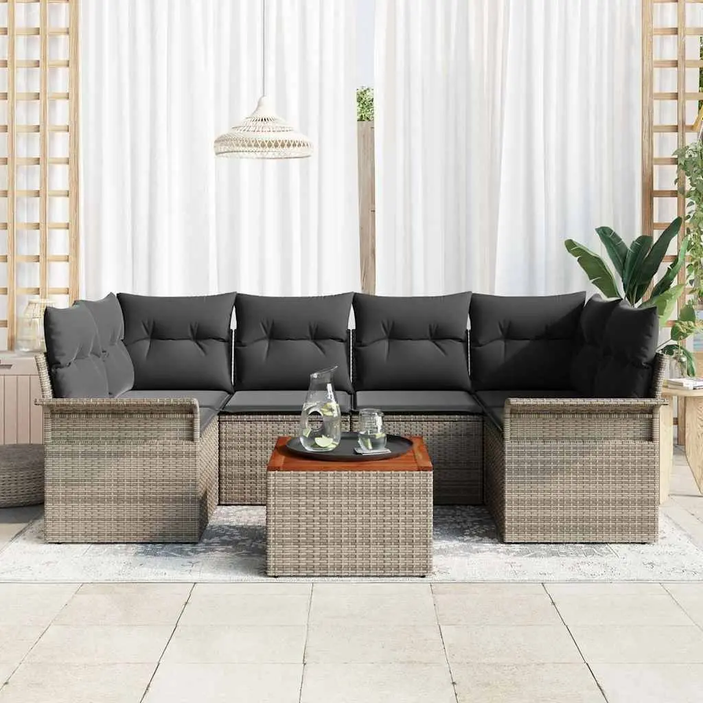 7-Piece Modular Sofa Set in Grey with Solid Acacia Top