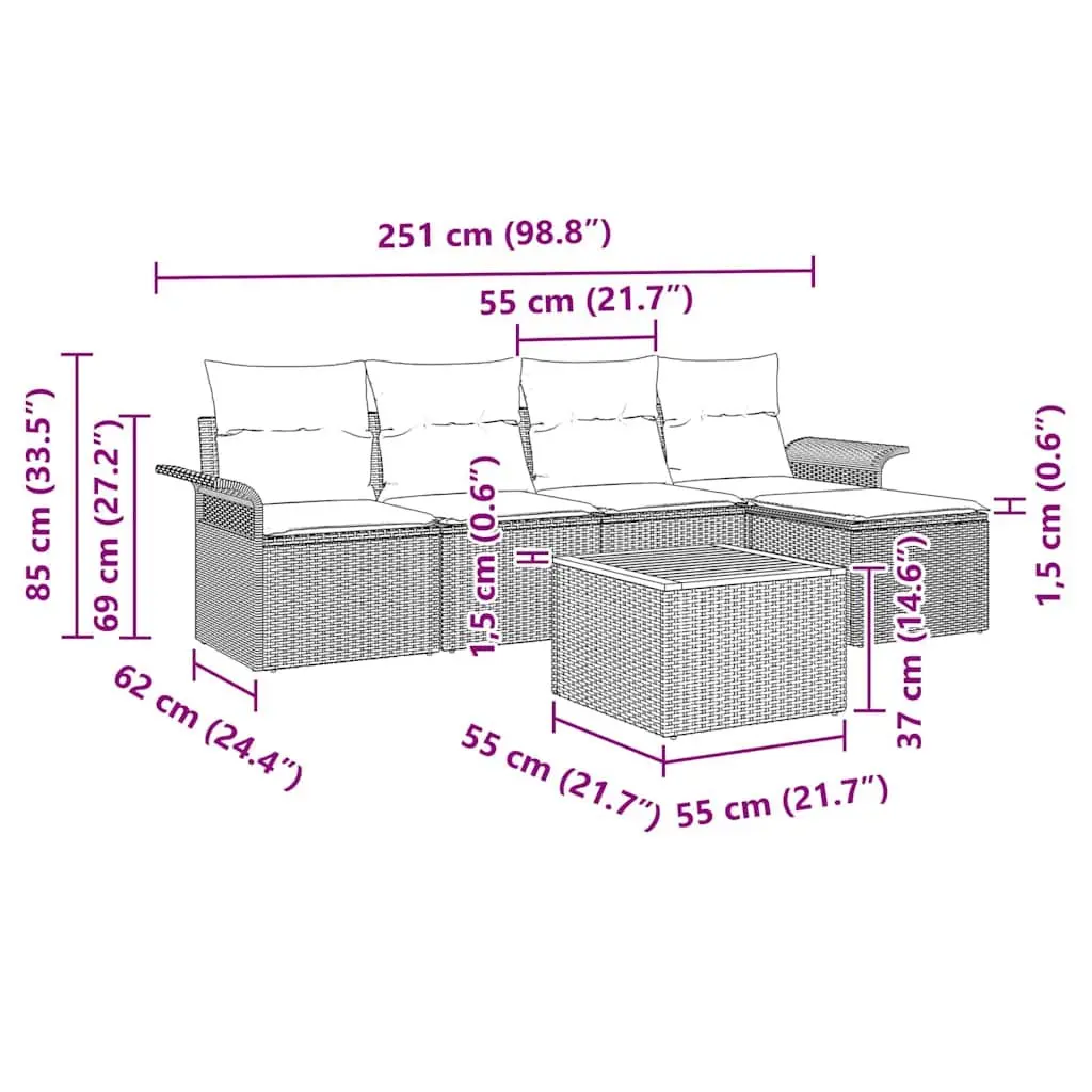 Modular Garden Sofa Set 6 Piece Outdoor Lounge Furniture Grey Poly Rattan