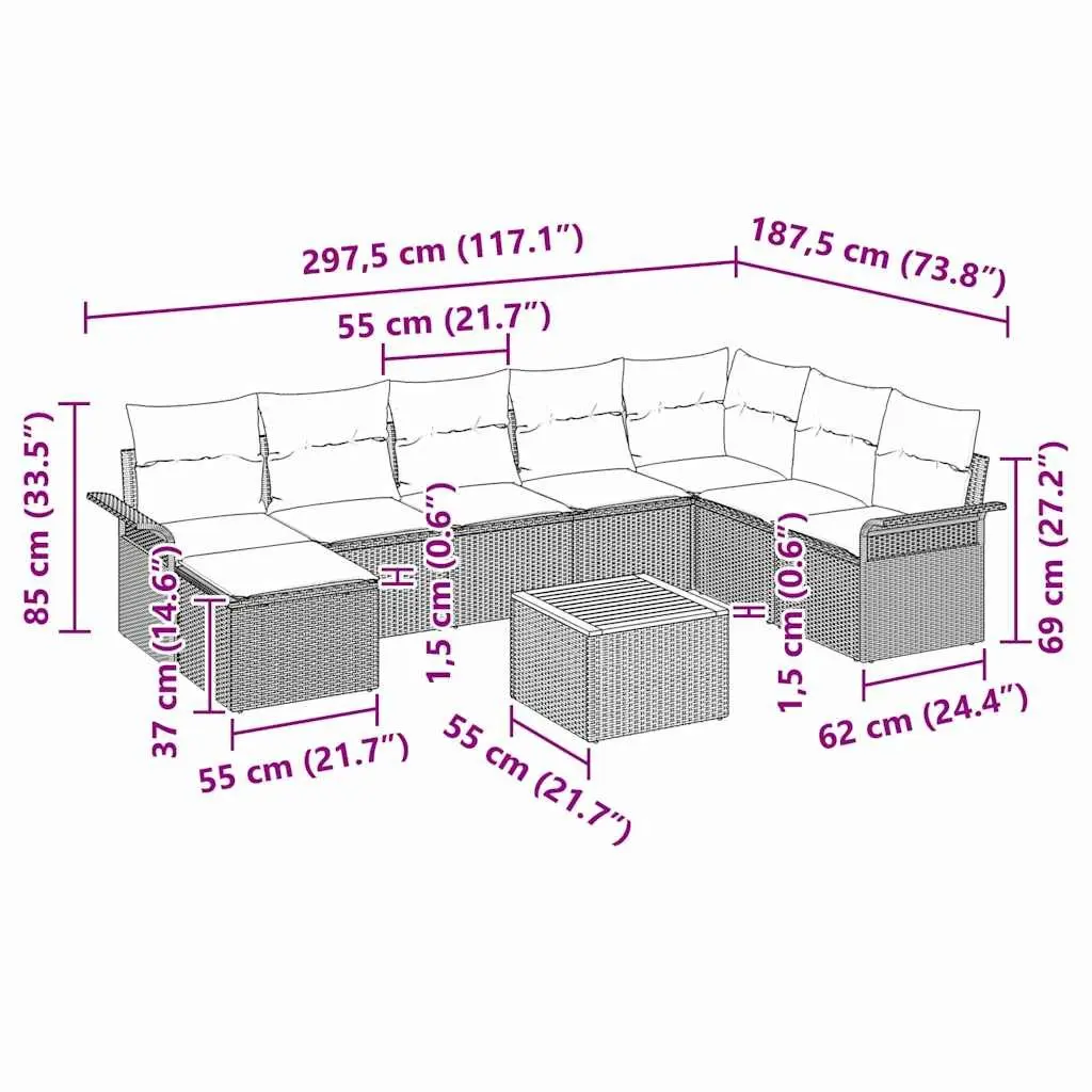 Garden Sofa Set 9 Piece Modular Outdoor Furniture Grey Poly Rattan Patio Lounge