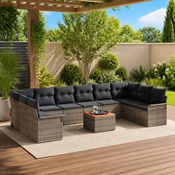 11-Piece Modular Garden Sofa Set – Grey Acacia & Rattan