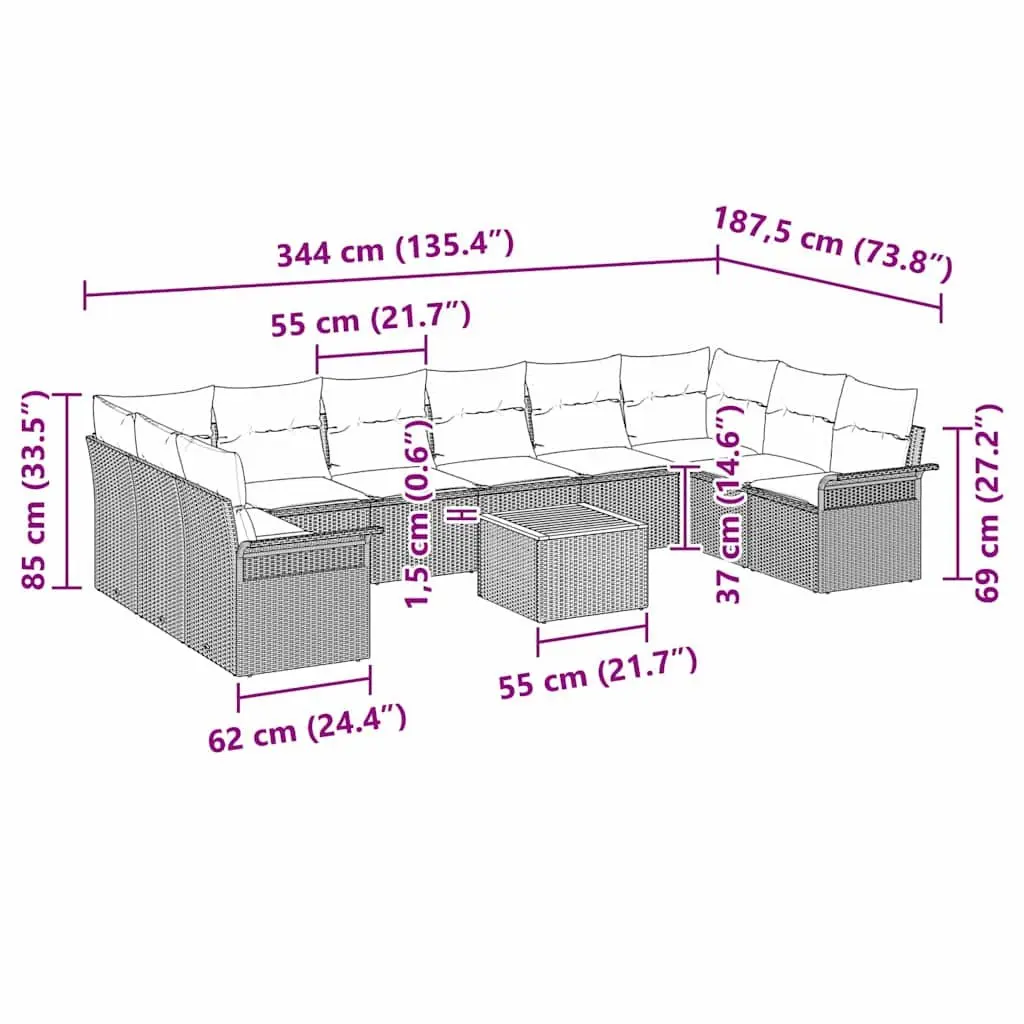 Modular Garden Sofa Set Outdoor Furniture 11 Pieces Grey Poly Rattan