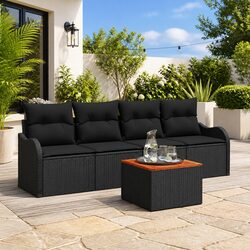 5 Piece Garden Sofa Set Modular Outdoor Furniture Black Poly Rattan with Cushion