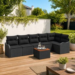 7-Piece Black Poly Rattan Garden Sofa Set with Table