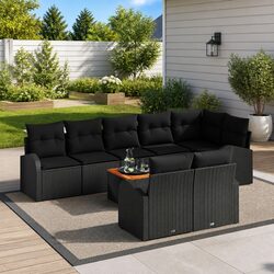 9 Piece Garden Sofa Set: Modular Black Poly Rattan & Wood