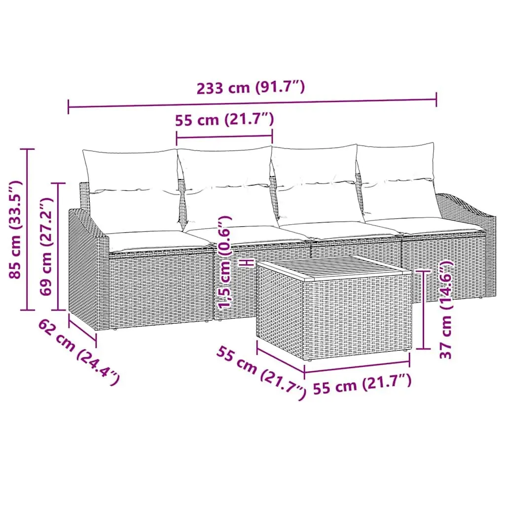 5-Piece Grey Poly Rattan Sofa Set