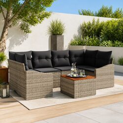 7 Piece Garden Sofa Set - Grey Poly Rattan and Wood