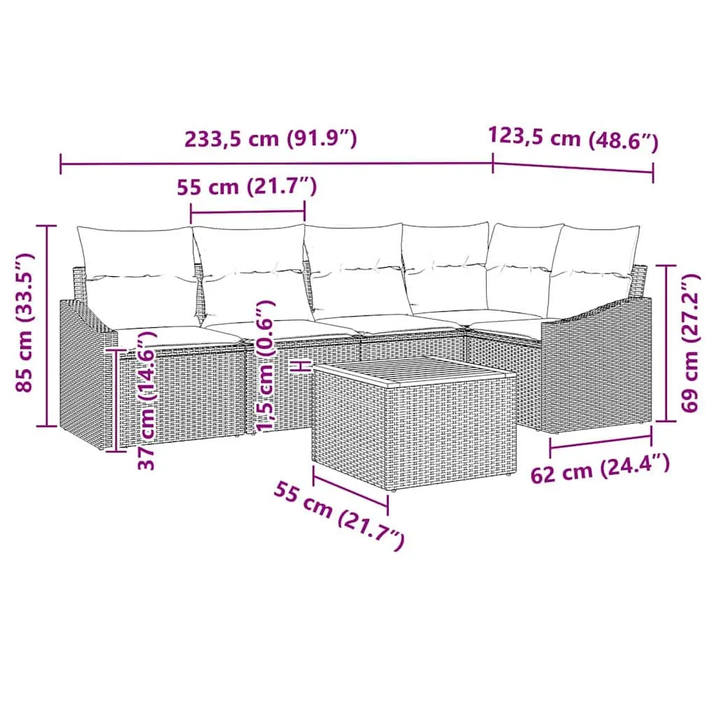 Modular Garden Sofa Set 6 Piece Grey Poly Rattan Outdoor Furniture with Cushions