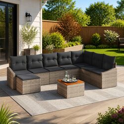 Garden Sofa Set 9 Pieces Outdoor Furniture Grey Poly Rattan Modular Lounge Patio