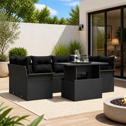 Garden Sofa Set Modular Outdoor Furniture 7 Pieces Black Poly Rattan Patio