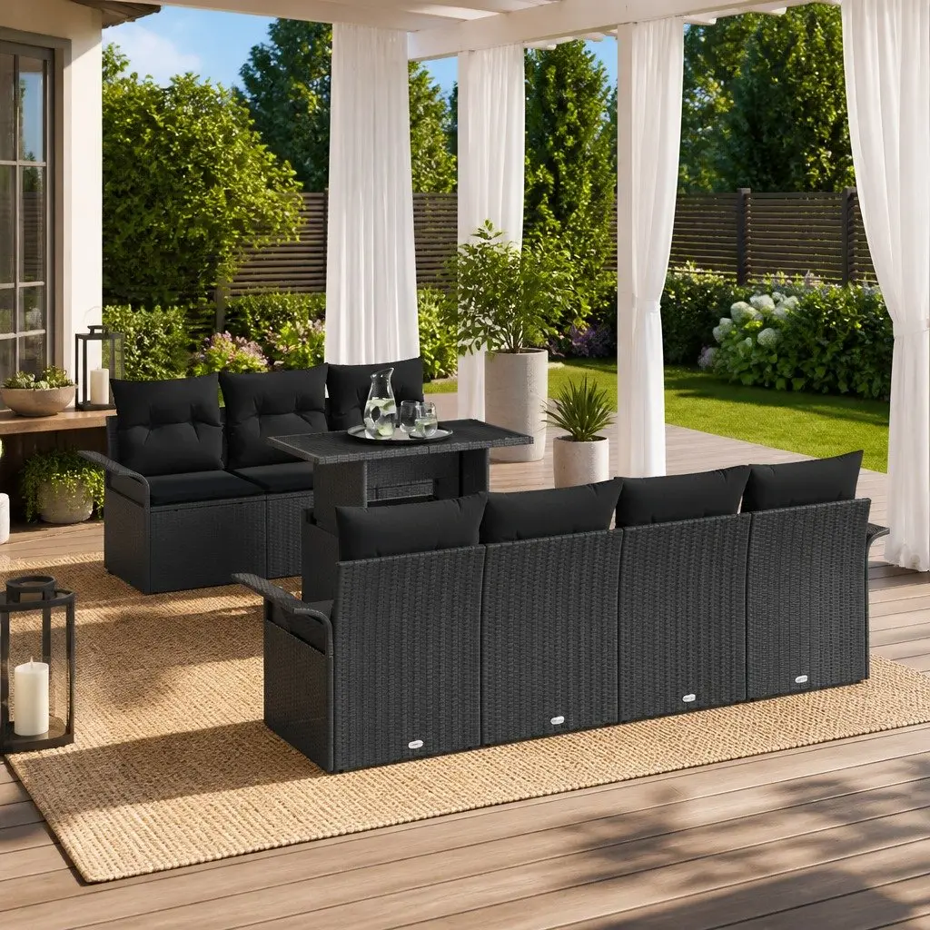 Modular Sofa Set 8 Pieces for Outdoor Use Black Poly Rattan with Solid Acacia Wood and Powder Coated Steel Frame