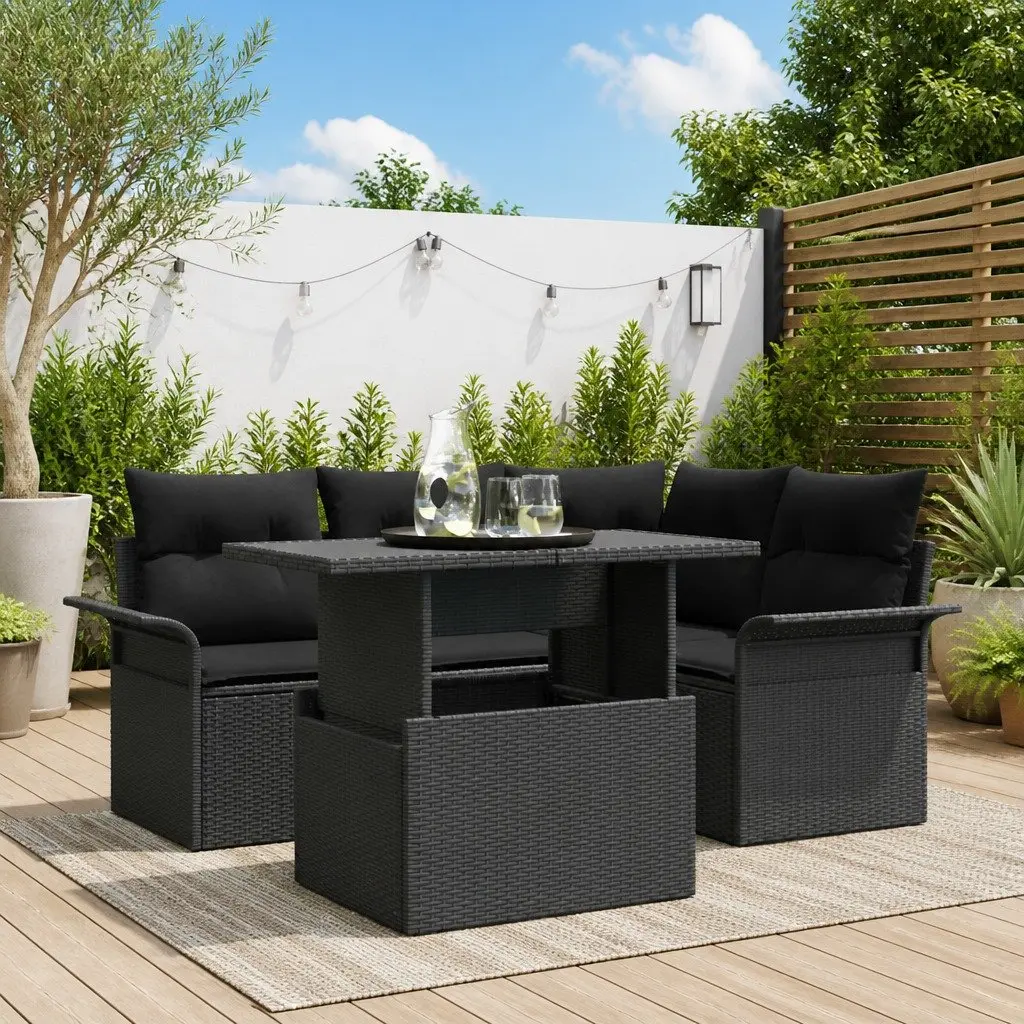 Garden Sofa Set 5 Piece Outdoor Modular Lounge Black Poly Rattan with Cushions