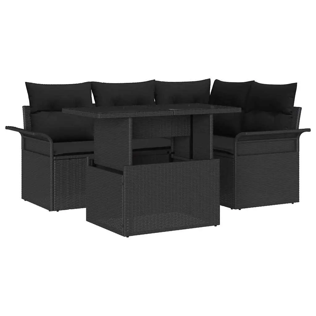 Garden Sofa Set 5 Piece Outdoor Modular Lounge Black Poly Rattan with Cushions