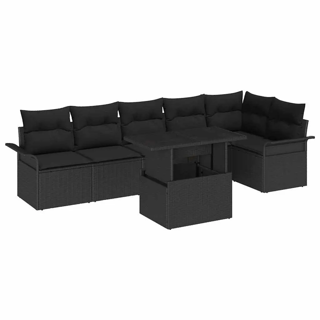 7 Piece Modular Outdoor Sofa Set for Garden Patio with Black Poly Rattan and Adjustable Table