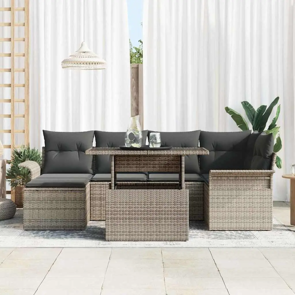 Garden Sofa Set Outdoor Furniture 7 Seater Grey Poly Rattan with Cushions Glass