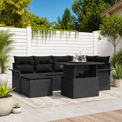 7-Piece Modular Black Outdoor Sofa Set with Glass Table