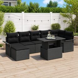 8-Piece Black Poly Rattan Sofa Set with Adjustable Table