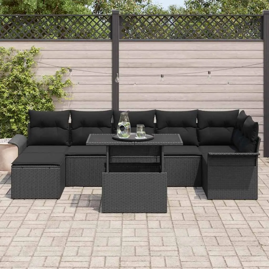 8-Piece Black Poly Rattan Sofa Set with Adjustable Table