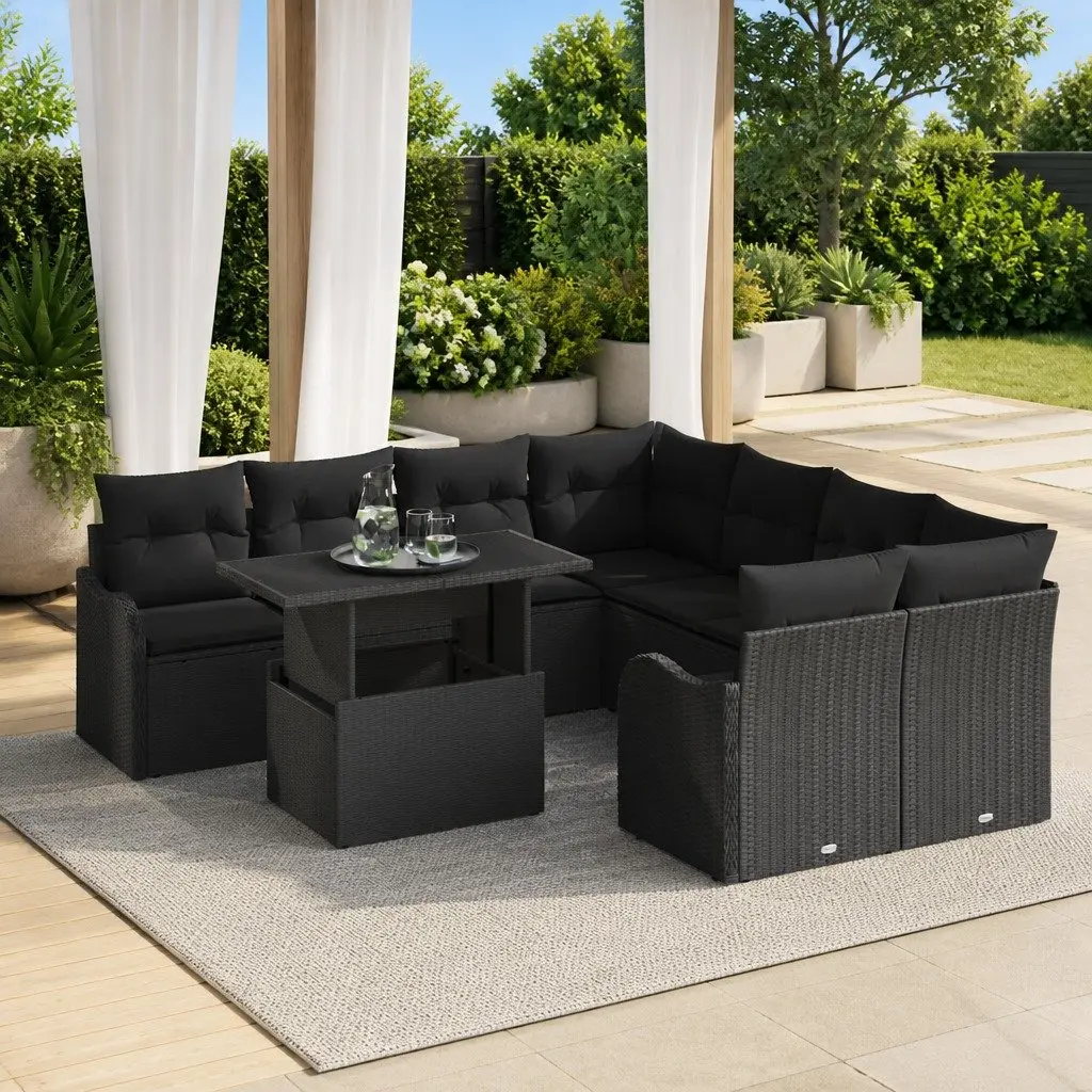 Garden Sofa Set 9 Piece Modular Outdoor Furniture for Garden Patio Black Poly