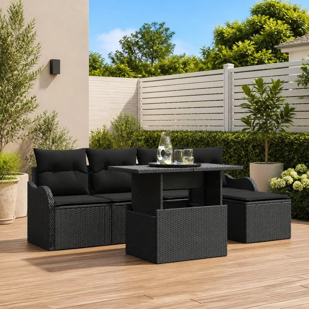 Outdoor Seating Set 6 Piece Garden Furniture Black Poly Rattan with Cushions
