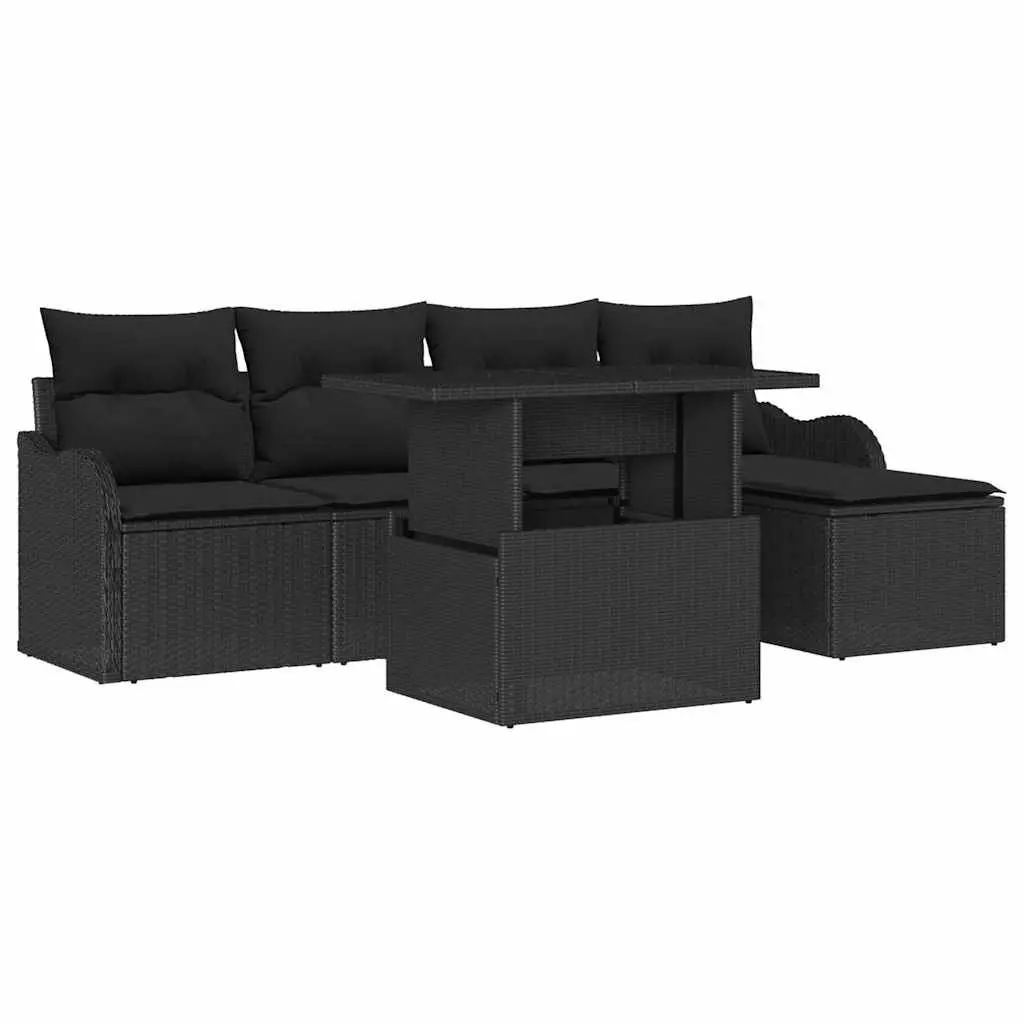 Outdoor Seating Set 6 Piece Garden Furniture Black Poly Rattan with Cushions