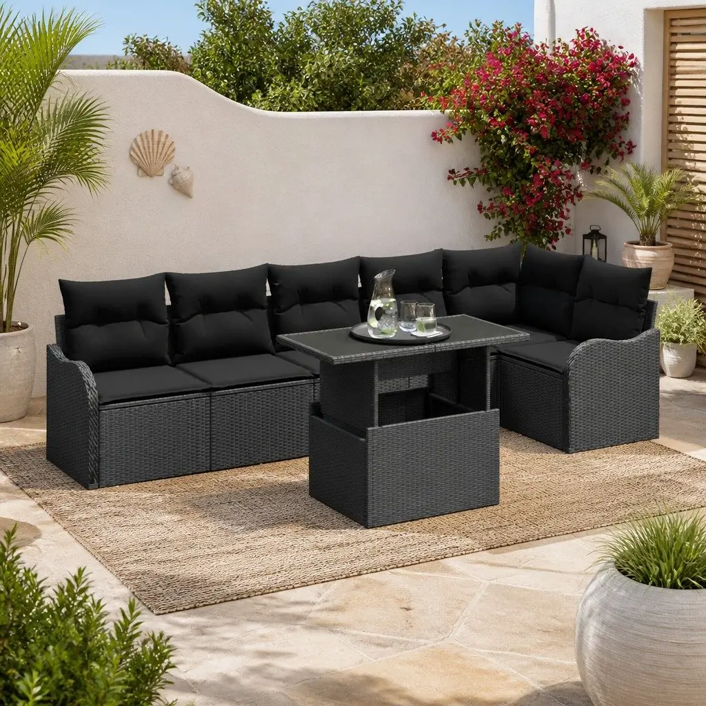Outdoor Sofa Set 7pcs Black Poly Rattan Modular Garden Patio Lounge Furniture