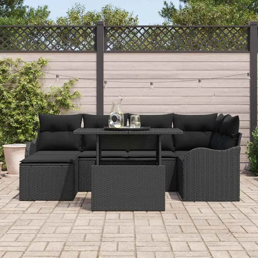 Garden Sofa Set 7 Pieces Outdoor Patio Furniture Black Poly Rattan with Cushions