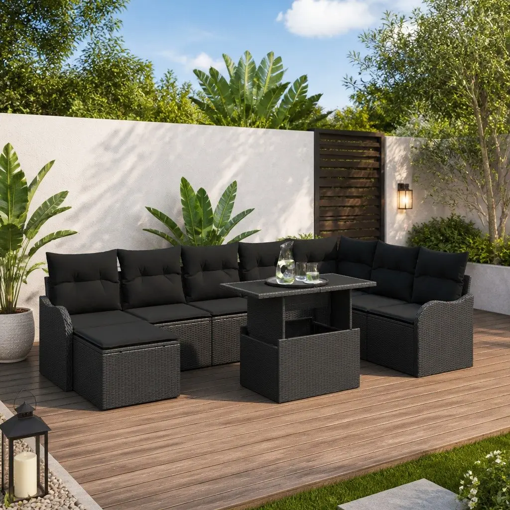 Modular Outdoor Garden Sofa Set 9 Piece Patio Furniture with Cushions Black