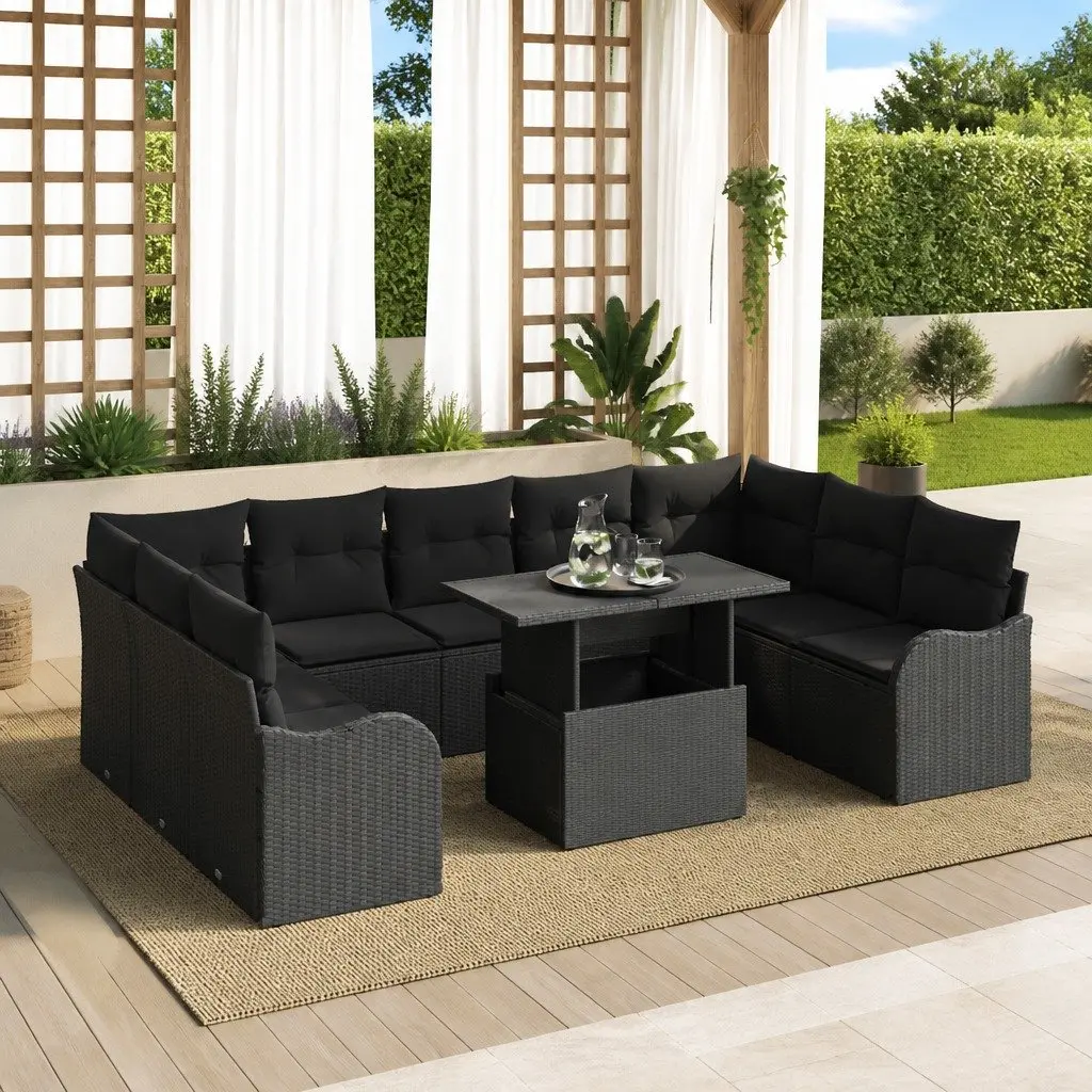 Modular Garden Sofa Set 10 Piece Outdoor Furniture with Cushions Black Poly