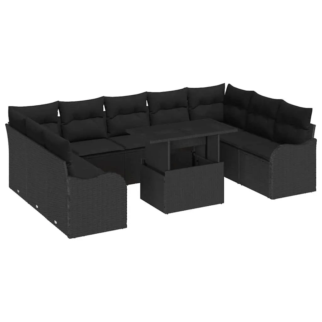 Modular Garden Sofa Set 10 Piece Outdoor Furniture with Cushions Black Poly
