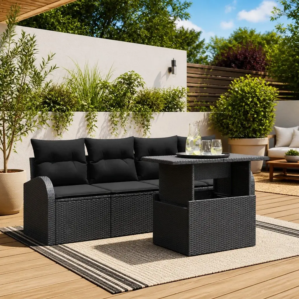 Garden Sofa Set Outdoor Furniture 5 Piece Modular Black Poly Rattan