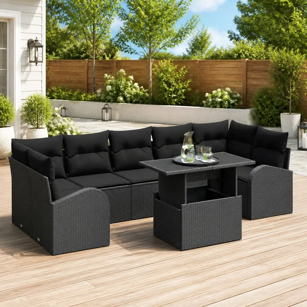 Modular Garden Sofa Set Outdoor Use 8 Pieces Black Poly Rattan