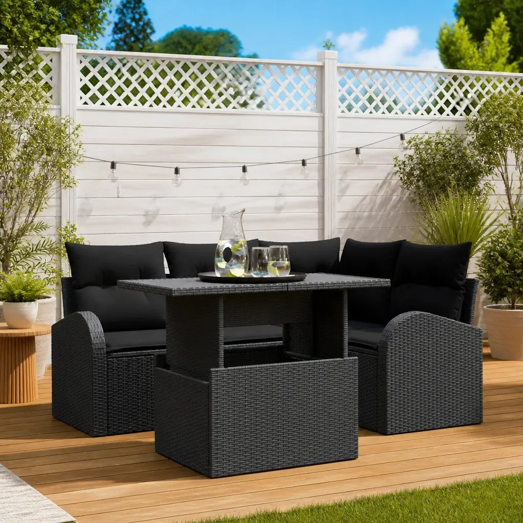 Modular Garden Sofa Set 5 Piece Outdoor Furniture Black Poly Rattan for Patio and Garden
