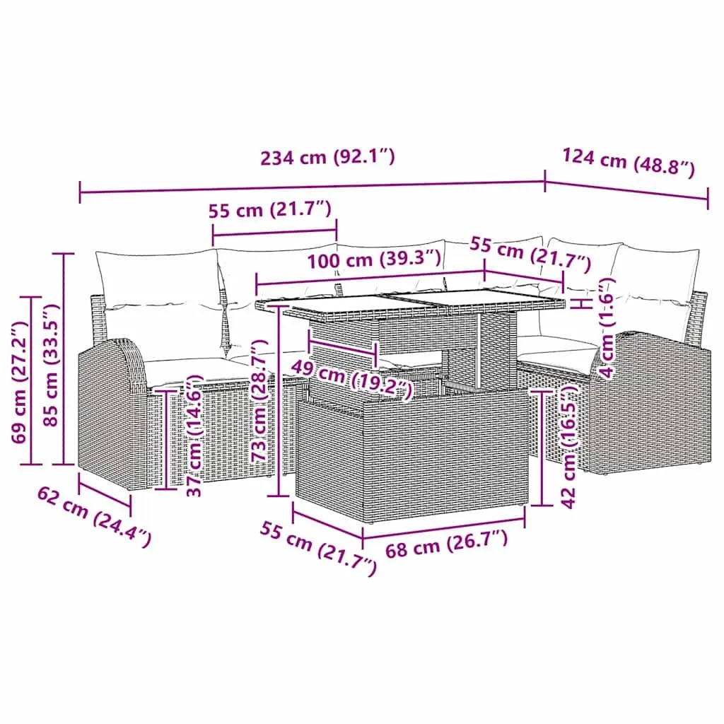 Modular Outdoor Sofa Set 6 Pieces Patio Seating Black Poly Rattan with Cushions