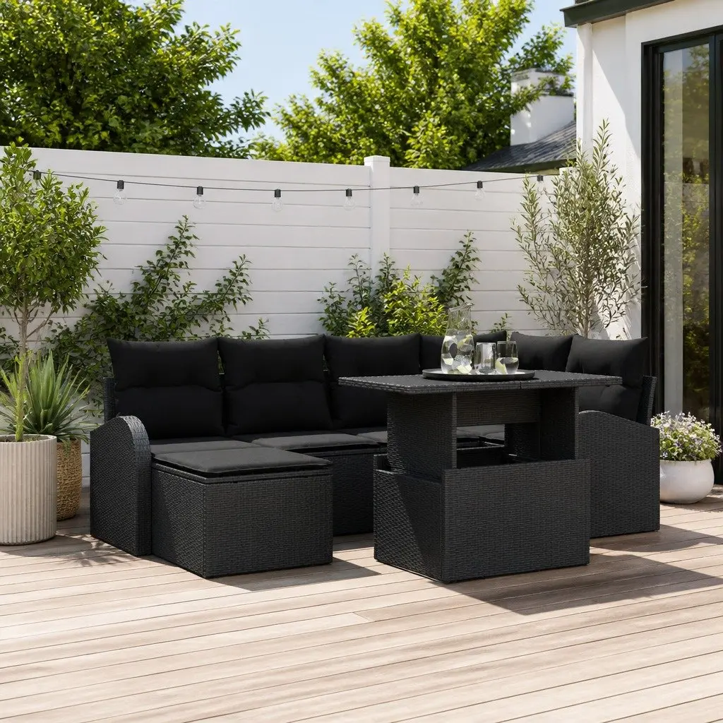 Modular Outdoor Sofa Set Black Poly Rattan 7 Pieces Patio Lounge Garden Seating
