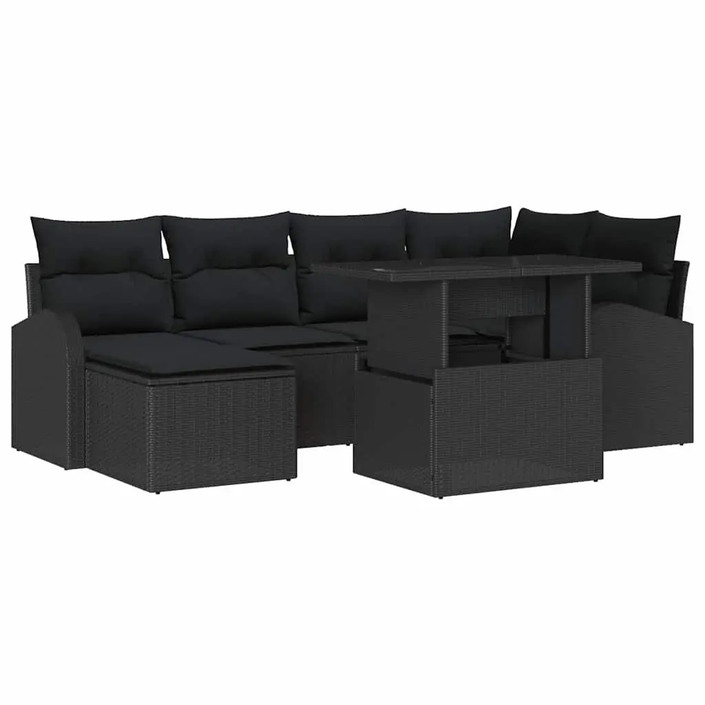 Modular Outdoor Sofa Set Black Poly Rattan 7 Pieces Patio Lounge Garden Seating
