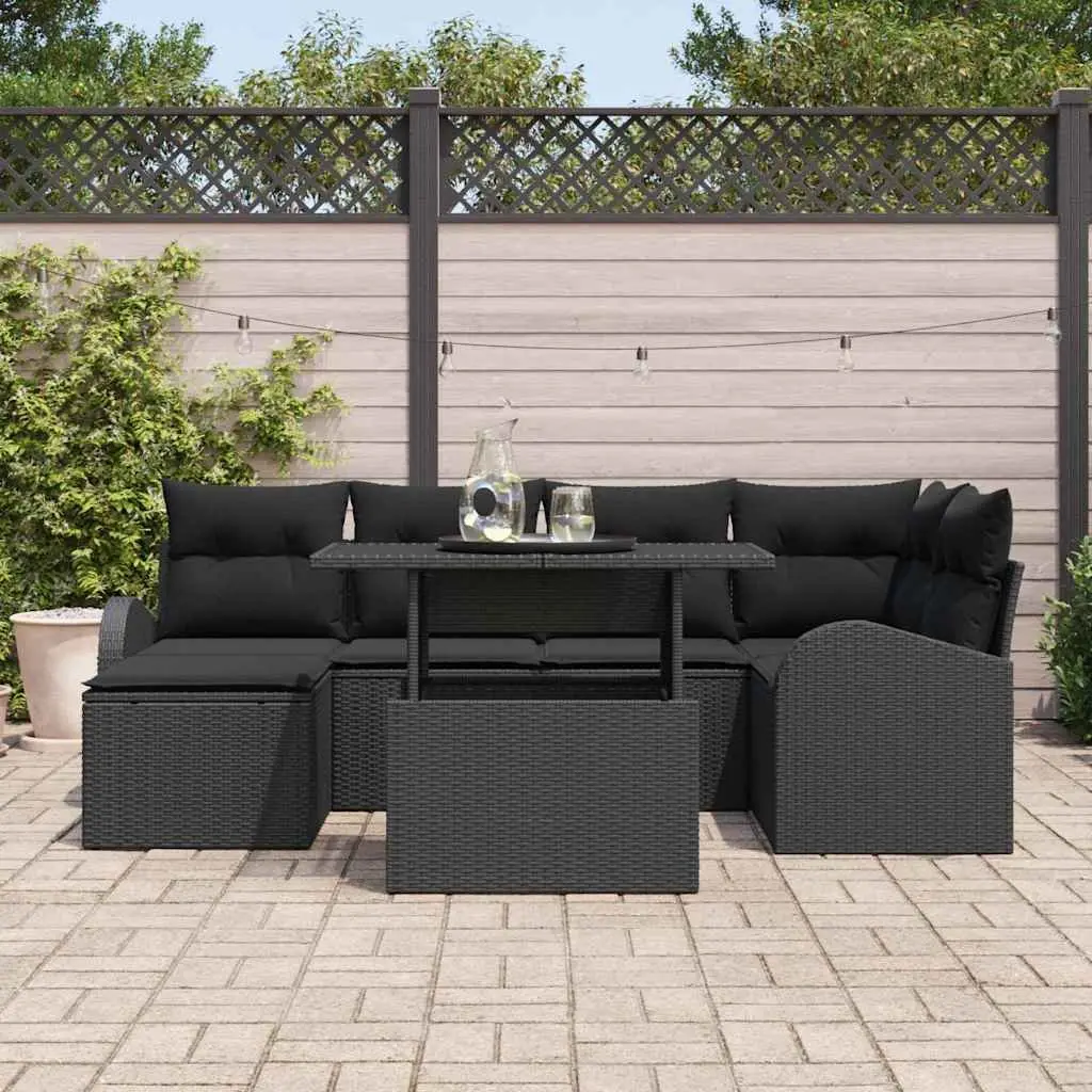 Modular Outdoor Sofa Set Black Poly Rattan 7 Pieces Patio Lounge Garden Seating