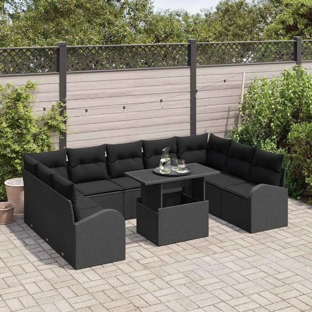 Outdoor Garden Sofa Set 10 Piece Modular Black Poly Rattan with Storage Cushions