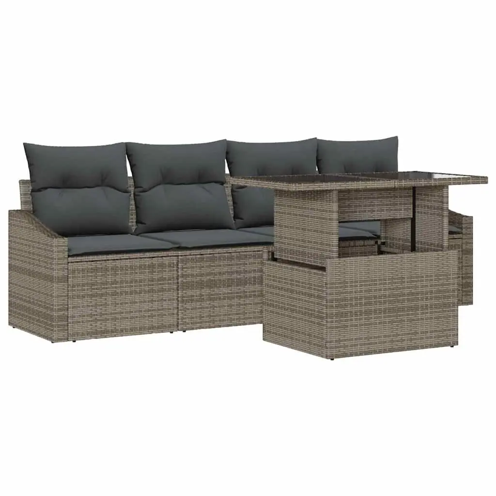 Outdoor Garden Sofa Set 5 Piece Grey Poly Rattan Patio Furniture with Cushions