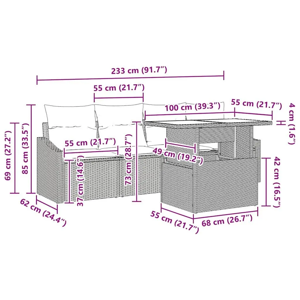 Outdoor Garden Sofa Set 5 Piece Grey Poly Rattan Patio Furniture with Cushions