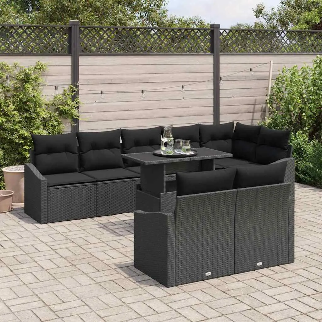 Modular Garden Sofa Set 9pcs Black Poly Rattan Outdoor Furniture with Cushions
