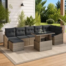 8-Piece Modular Garden Sofa Set - Grey with Glass Tabletop