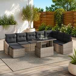 9-Piece Grey Poly Rattan Sofa Set with Storage Compartment