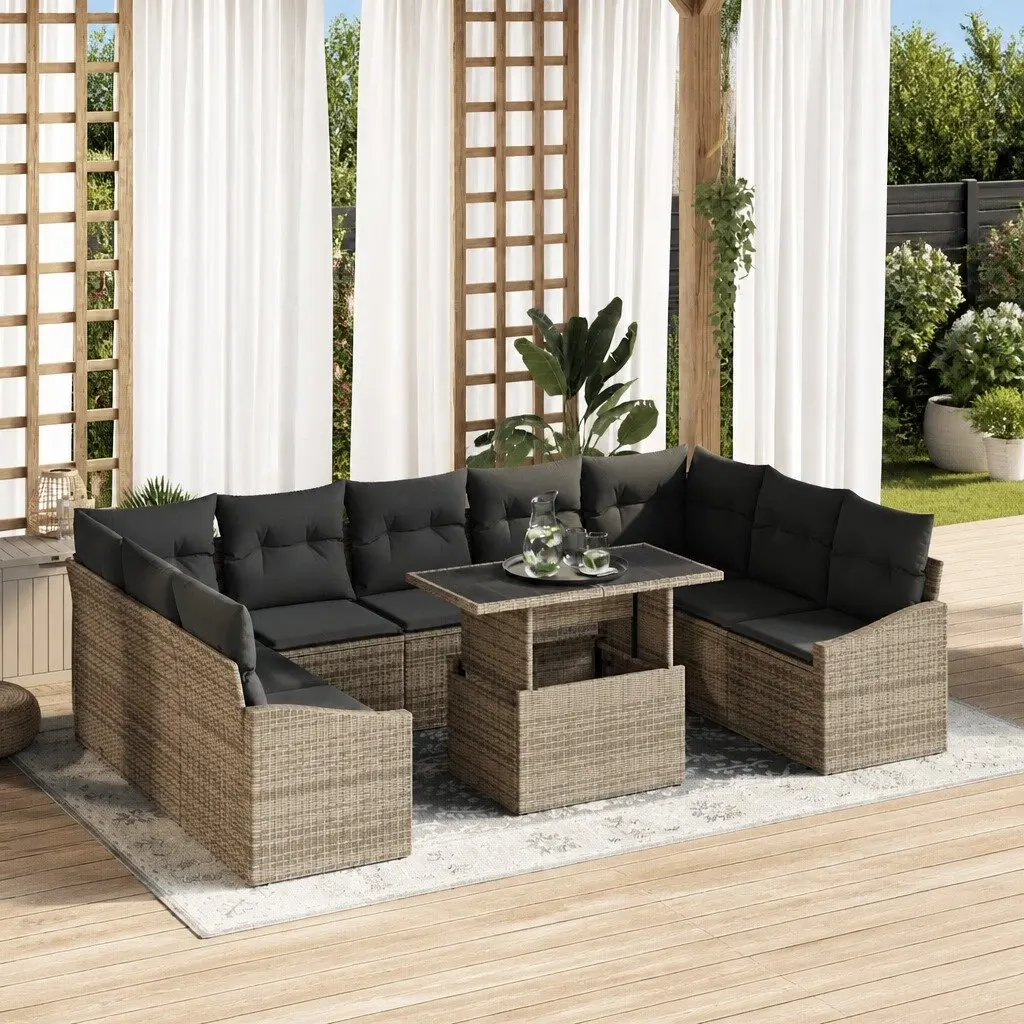 Outdoor Sofa Set 10 Pieces Grey Poly Rattan Garden Patio Furniture with Cushions