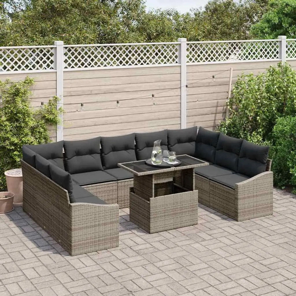 Outdoor Sofa Set 10 Pieces Grey Poly Rattan Garden Patio Furniture with Cushions