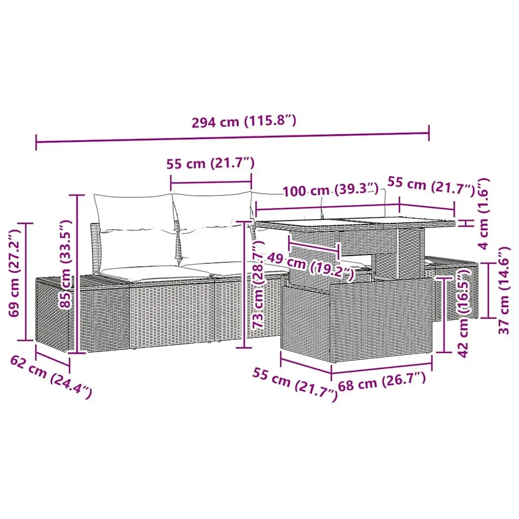 5-Piece Height Adjustable Garden Sofa Set with Glass Top
