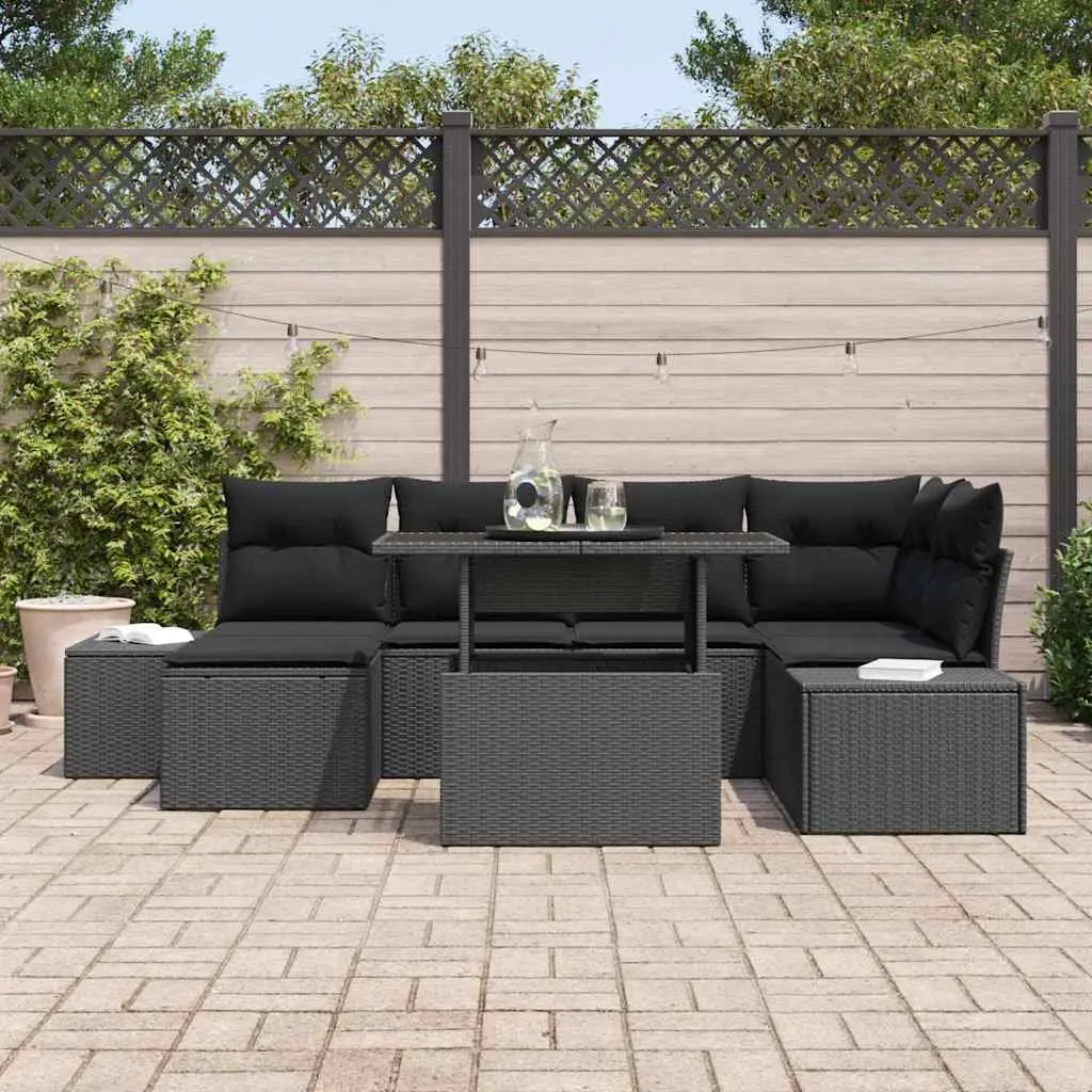 Garden Sofa Set 7 Pieces Modular Outdoor Seating Black Poly Rattan Steel Frame