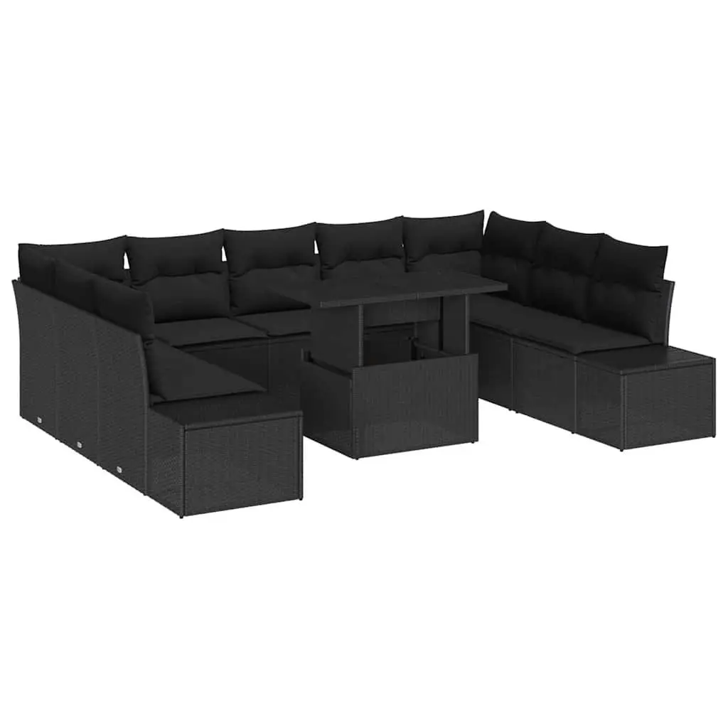 Modular Outdoor Garden Sofa Set 10 Piece Black Seating Lounge with Height Adjustable Glass Table