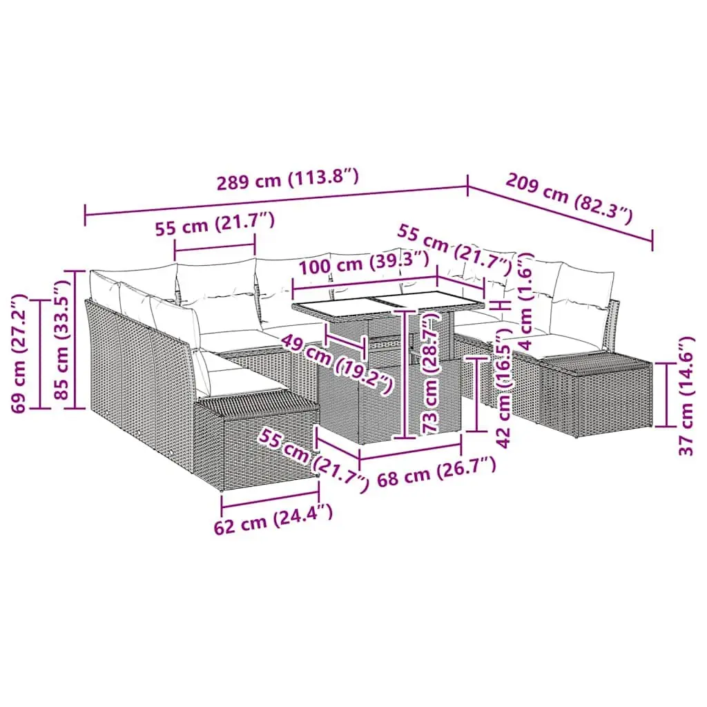 Modular Outdoor Garden Sofa Set 10 Piece Black Seating Lounge with Height Adjustable Glass Table