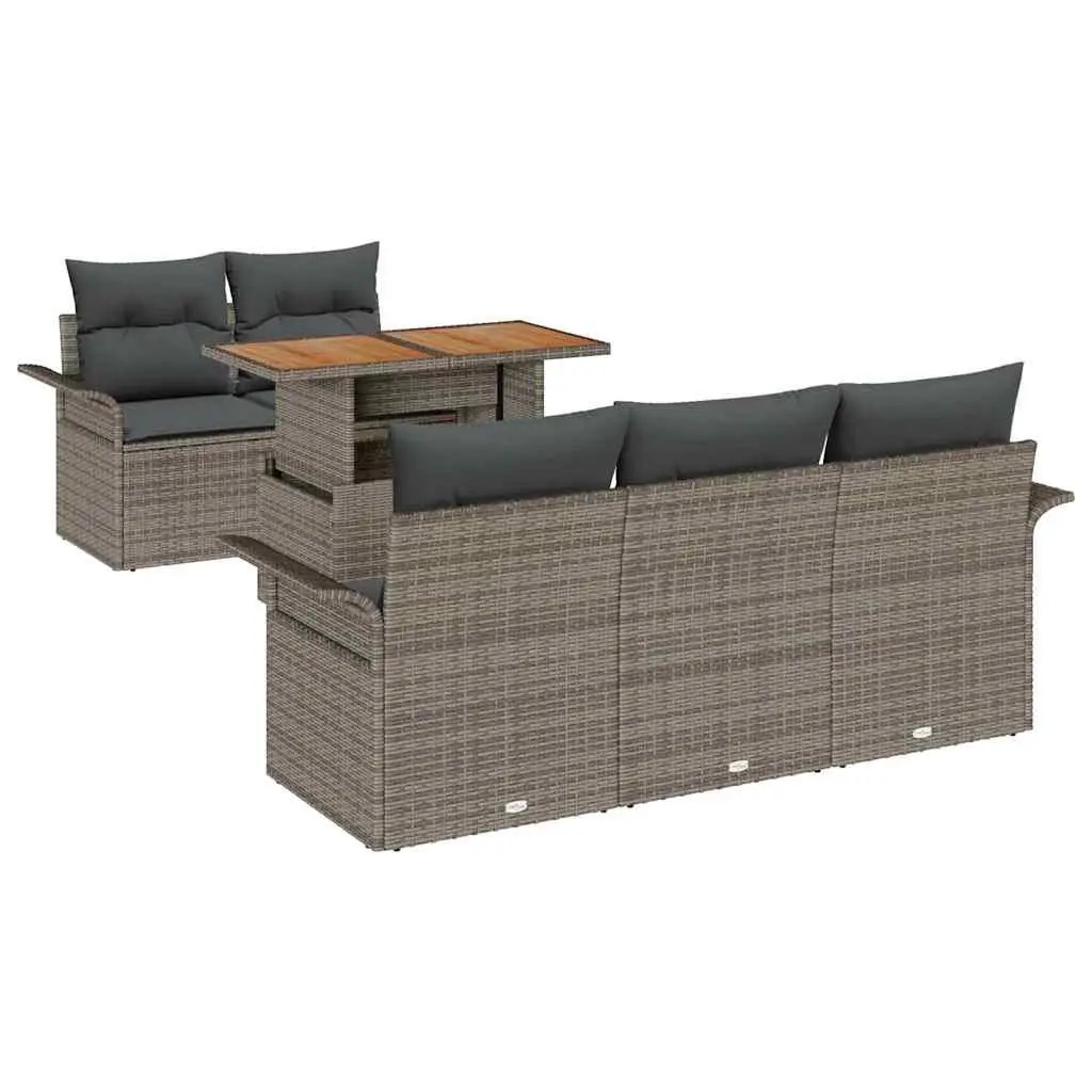 Modular Outdoor Sofa Set 6 Piece Grey Poly Rattan Acacia Wood Garden Furniture