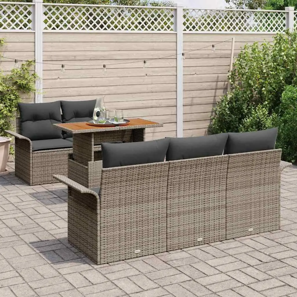 Modular Outdoor Sofa Set 6 Piece Grey Poly Rattan Acacia Wood Garden Furniture